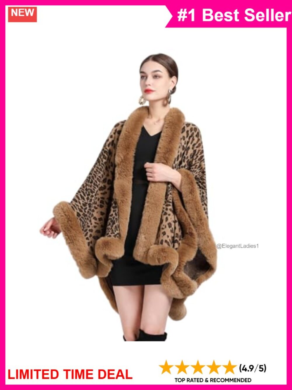 Faux Fur Trim Leopard Print Cape Shawl Women's Winter Wrap One Size